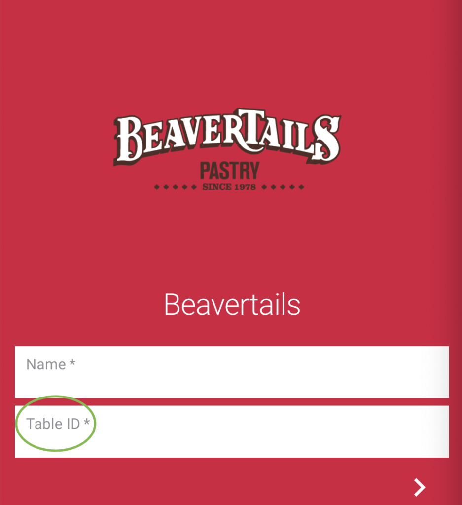 Table ID showed on Beavertails OrderUp Menu Log In Page