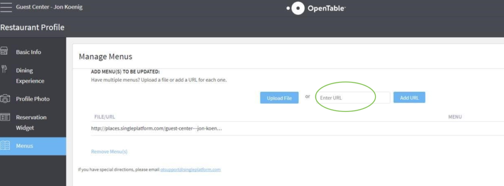 Add new Menu URL to OpenTable account
