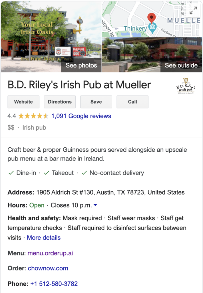 image of BD rileys google my business search results showing hours of operation, number of stars and a link to their orderup digital menu