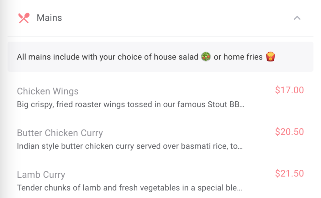 Example of a descriptive menu header that a guest would see when they are using an OrderUp Digital QR code menu