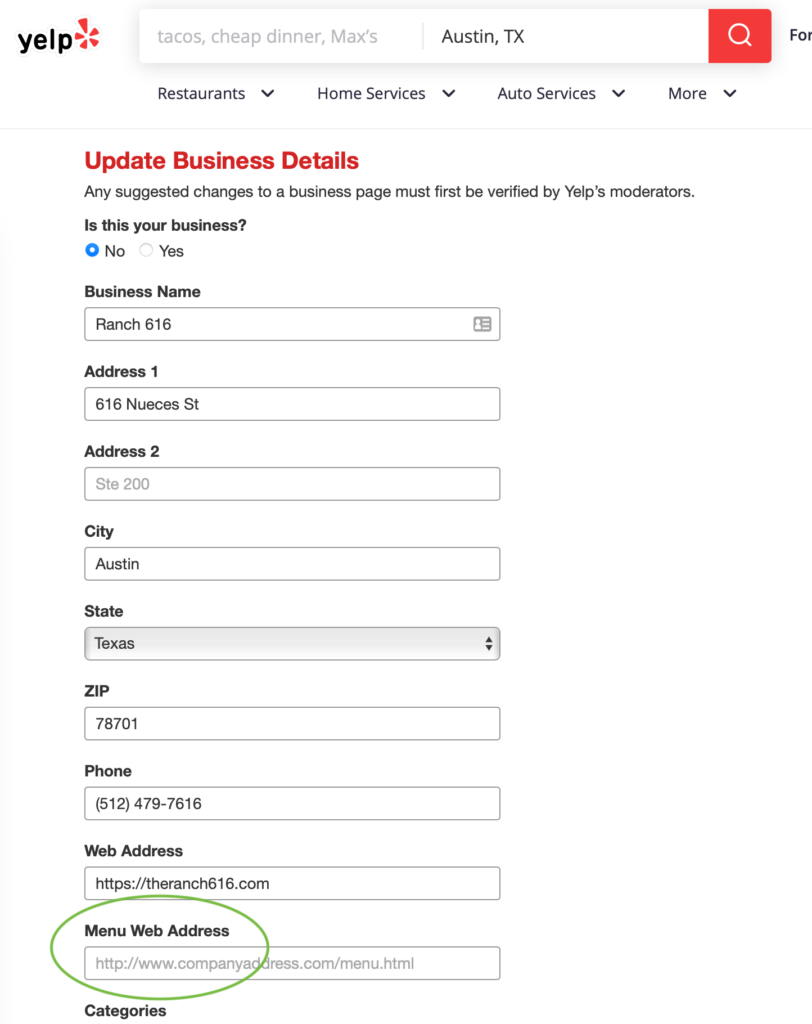 Edit business in Yelp with Menu URL circled to show restaurant operators where to put the link