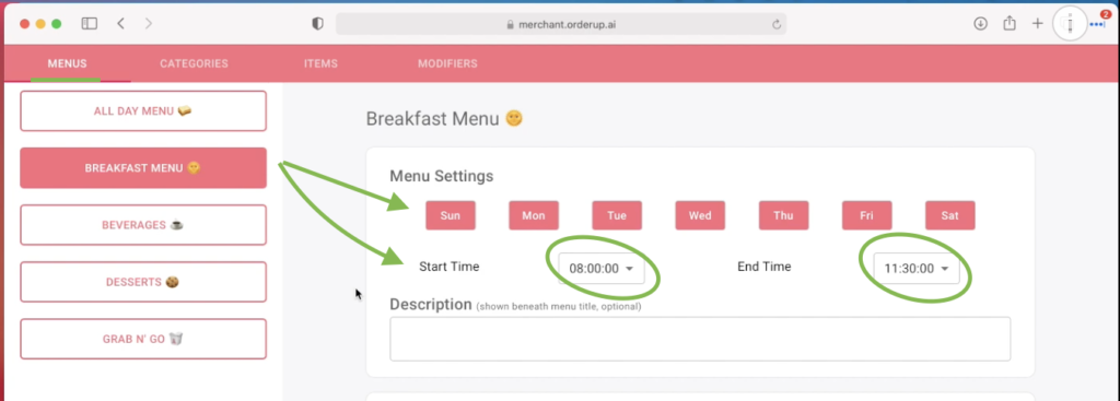 Green arrows showing which menu can be offered at which times, and how to toggle between them for different digital menus