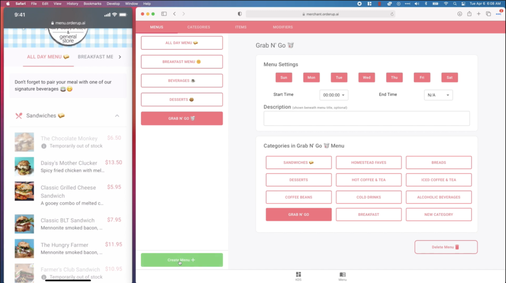 OrderUp Digital Menu Builder For Restaurants. It's what a merchant would see when they are trying to update or change their digital menu for their restaurant. On the left side is an iPhone showing what the changes would look like for the diner.