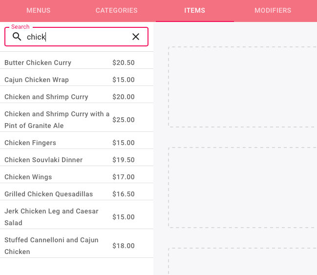 Shows how a restaurant operator can search through items to make changes, update price or image while they're in the OrderUp Menu Builder Application