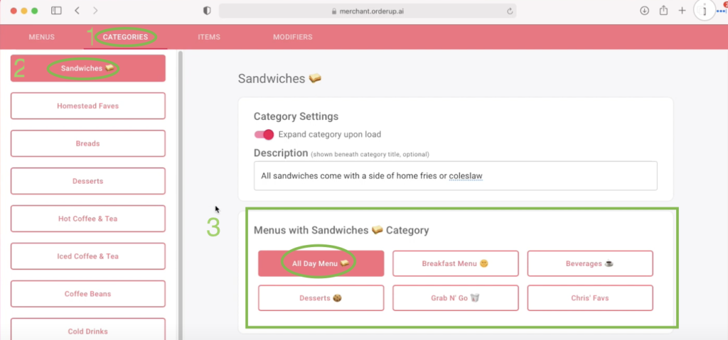3 steps highlighted to show how to associate a menu category with a digital menu on hte Orderup menu builder
