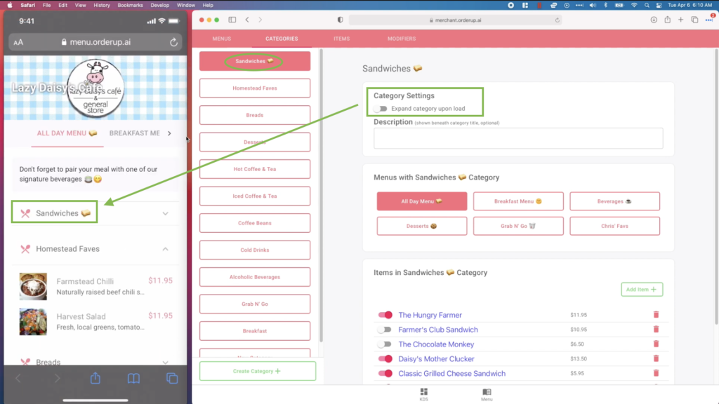 showing how a category can be contracted and the items not visible by toggling the expand toggle on the menu builder