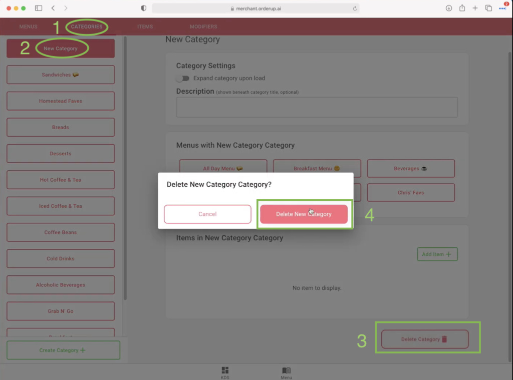 how to delete a category by clicking the delete category button at the bottom left of the menu builder on the category page