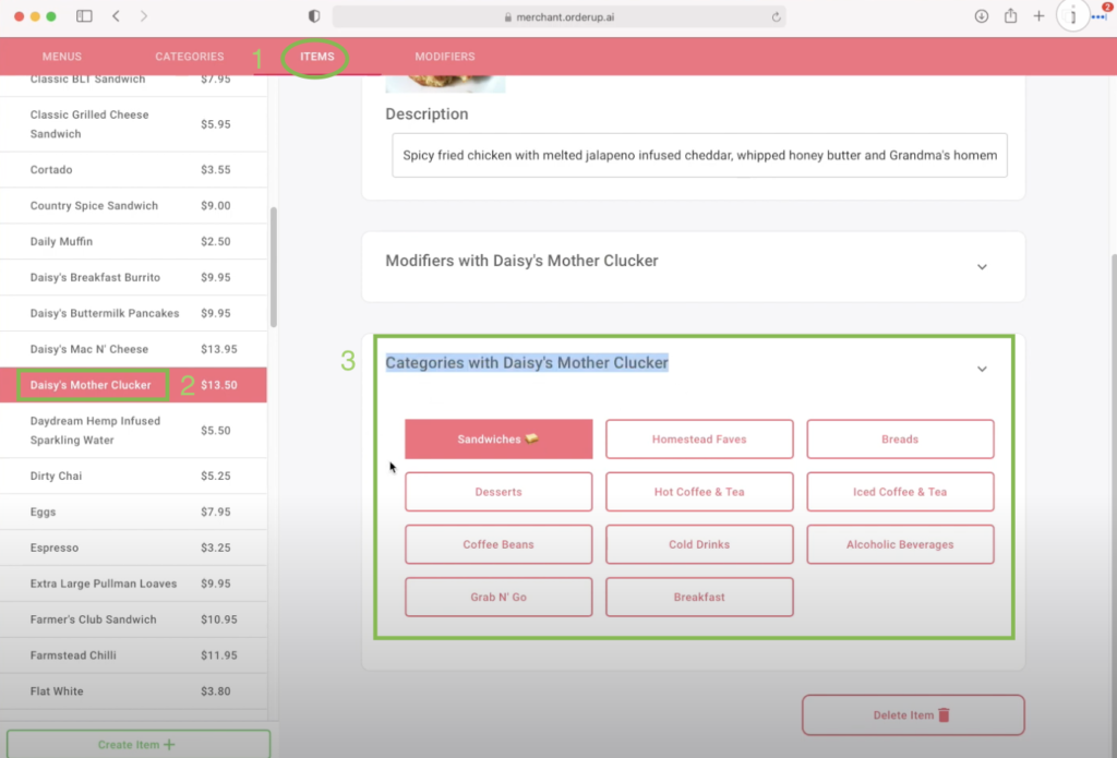 how to assign an item to a category by clicking the category in the item view of the menubuilder