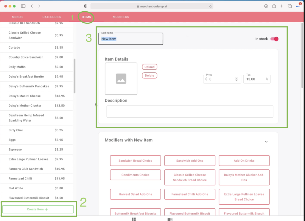 how to create a new item in the orderup menu builder. Click create new item and then fill out the item details that appear