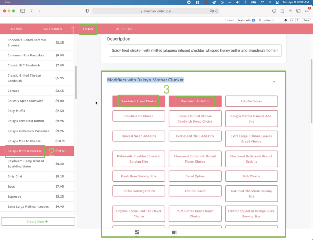 associate a modifier with a menu item by clicking the items tab in the menu builder, finding the item you wish to associate, then clicking the modifier group you'd like to associate