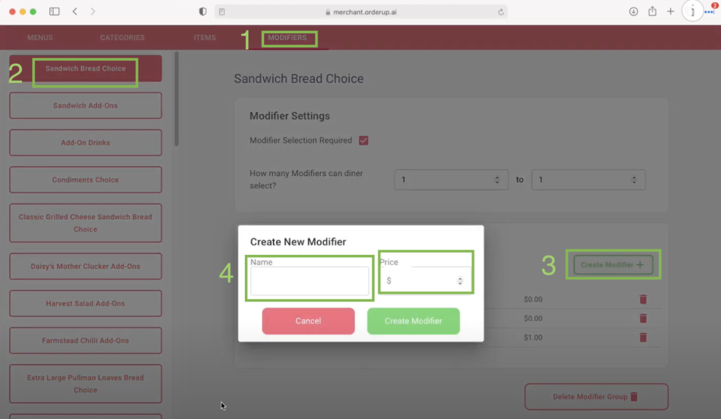 add a modifier item by clicking the green "add modifier item" on the modifier group page in the menu builder