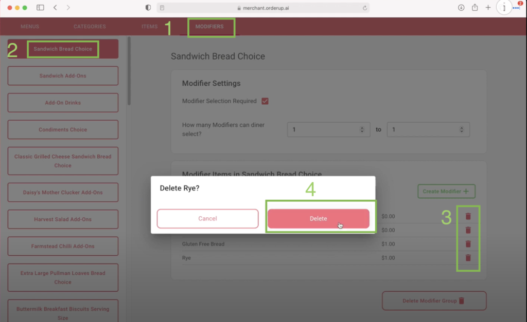 Delete a modifier item by clicking the red garbage can to the right of the modifier item then clicking delete in the popup