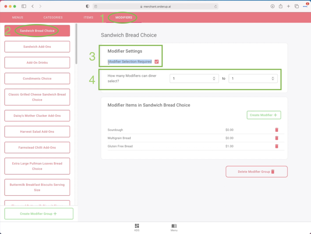 4 steps on how to edit a modifier group on an orderup menu builder