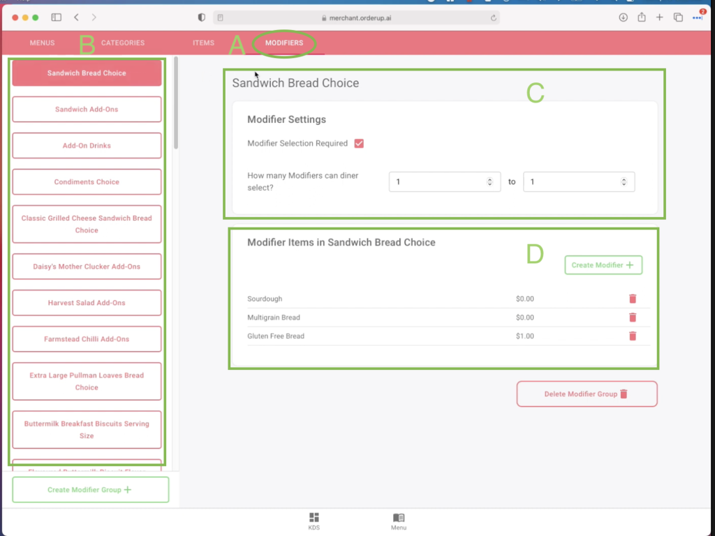 showing the overview of the modifiers page and the associated aspects on the menu builder. This includes the modifier tab to access and edit, modifier groups on the left hand side, modifier settings at the top middle and modifier items below