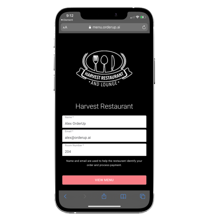 OrderUp login screen for contactless QR code ordering for hotels