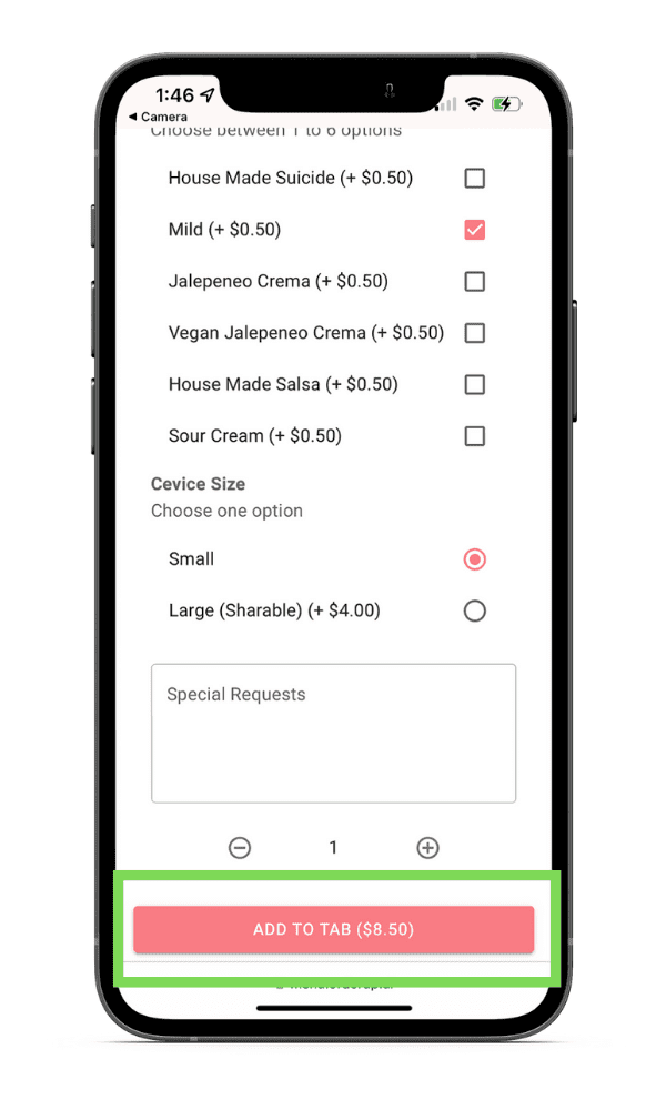 Add items to tab from a digital menu
