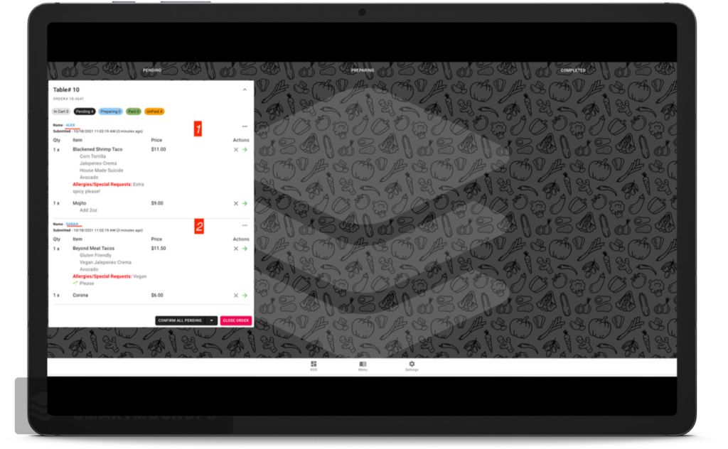 Black tablet showing restaurant food orders from diners