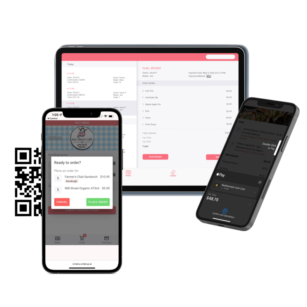 A qr code and a phone showing an order, behind that is a tablet which the restaurant uses to manage orders, beside that to the right is another phone showing the apple pay function.