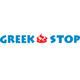 Greek Stop restaurant richmond hill logo. Blue capital writing "Greek" with a red flame, followed by "STOP" written in blue