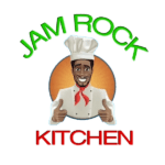 Jam Rock Kitchen Logo, "Jam Rock" spelt in Green Curved along the top above an image of a male in a chefs had with a dark orange background (small circle) with "KITCHEN" written in red underneath the image