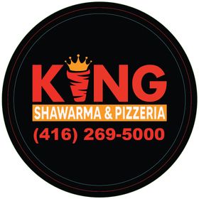 King Shawarma & Pizzeria logo, black circle with KING spelt in capitals coloured red with "SHawarma & Pizza" underneath it in white writing with an orange background, phone number in red underneath the text