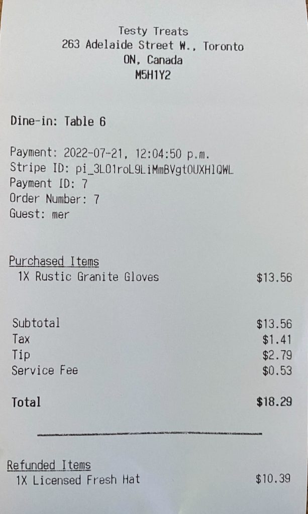 Printed receipt example